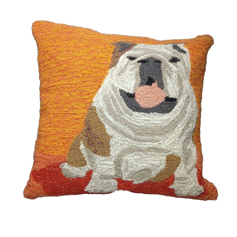 Bulldog Dog Puppy Hooked Wool Pillow Removeable Cover 18" x 18" Preowned Orange